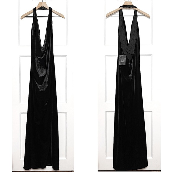 NWT RETROFETE Velvet Halter Draped Plunge Cowl Neck Open Back Sleeveless Gown S - Picture 2 of 3